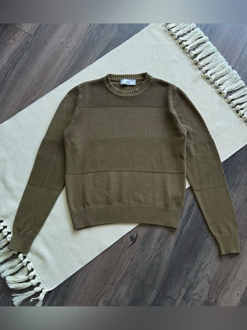 Ami Alexandre Mattiussi Olive Green Mixed-Stitch Crewneck Sweater